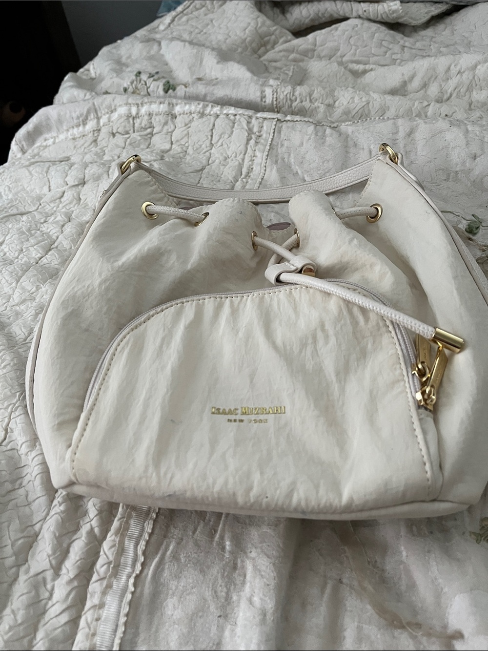 Isaac Mizrahi Cream Drawstring Bucket Shoulder Bag with Gold Hardware